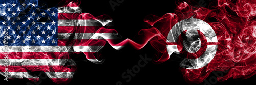 United States of America, America, US, USA, American vs Japan, Japanese, Kochi Prefecture smoky mystic flags placed side by side. Thick colored silky abstract smoke flags.
