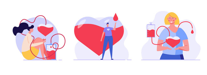 Volunteers people donating blood. Donor woman standing with heart. Concept of donation, world blood donor day, plasma. Vector illustration in flat design for background, banner, card