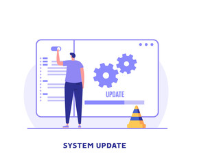 User updating operation system with progress bar. Software upgrade and installation program. Concept of system update, integration, software installation. Vector illustration for UI, mobile app