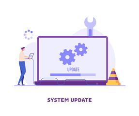 User updating operation system with progress bar. Software upgrade and installation program. Concept of system update, integration, software installation. Vector illustration for UI, mobile app