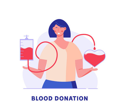 Volunteer Woman Donating Blood Near Heart. Donor. Concept Of Donation, Charity, World Blood Donor Day, Health Care. Vector Illustration In Flat Design For Background, Banner, Card