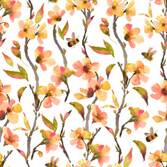 Watercolor spring flowers seamless pattern, blooming trees branches