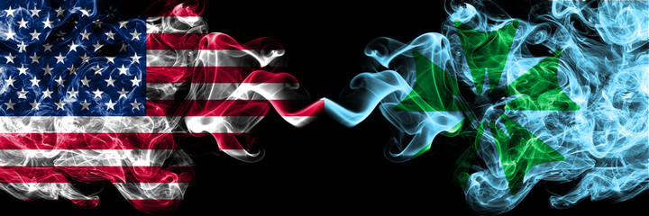 United States of America, America, US, USA, American vs Japan, Japanese, Memuro, Hokkaido, Tokachi, Subprefecture smoky mystic flags placed side by side. Thick colored silky abstract smoke flags.