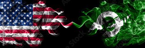 United States of America, America, US, USA, American vs Japan, Japanese, Naganuma, Hokkaido, Sorachi, Subprefecture smoky mystic flags placed side by side. Thick colored silky abstract smoke flags.
