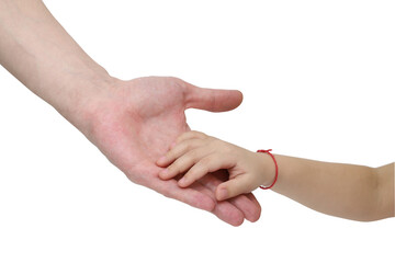 hand of a small Caucasian child in the hand of an adult Caucasian male