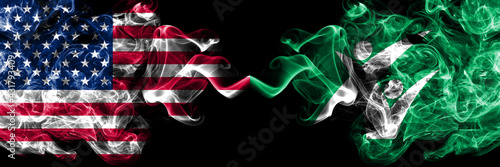 United States of America, America, US, USA, American vs Japan, Japanese, Nayoro, Hokkaido, Kamikawa, Subprefecture smoky mystic flags placed side by side. Thick colored silky abstract smoke flags.