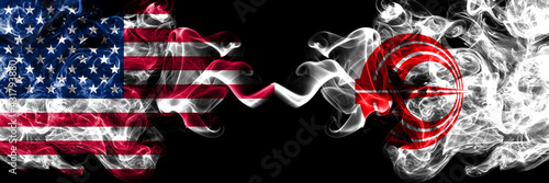 United States of America, America, US, USA, American vs Japan, Japanese, Oshamanbe, Hokkaido, Oshima, Subprefecture smoky mystic flags placed side by side. Thick colored silky abstract smoke flags.
