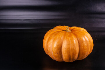 Whole fresh orange big pumpkin on black background, closeup. Organic agricultural product, ingredients for cooking, healthy food vegan.