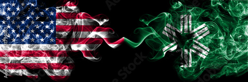 United States of America, America, US, USA, American vs Japan, Japanese, Rusutsu, Hokkaido, Shiribeshi, Subprefecture smoky mystic flags placed side by side. Thick colored silky abstract smoke flags.