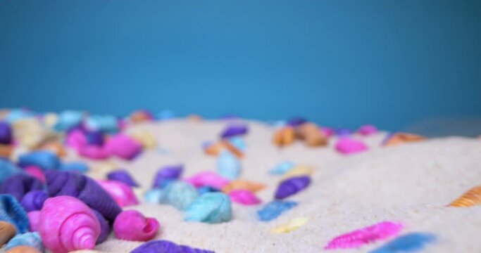 detailed extreme close-up of multicolored seashells on white sand.