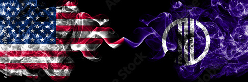 United States of America, America, US, USA, American vs Japan, Japanese, Sendai, Miyagi smoky mystic flags placed side by side. Thick colored silky abstract smoke flags.