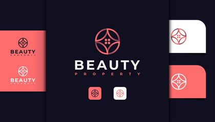 Abstract Real Estate Logo with Flower Concept in Pink Gradient. Building, Property Development, Architecture and Construction Logo