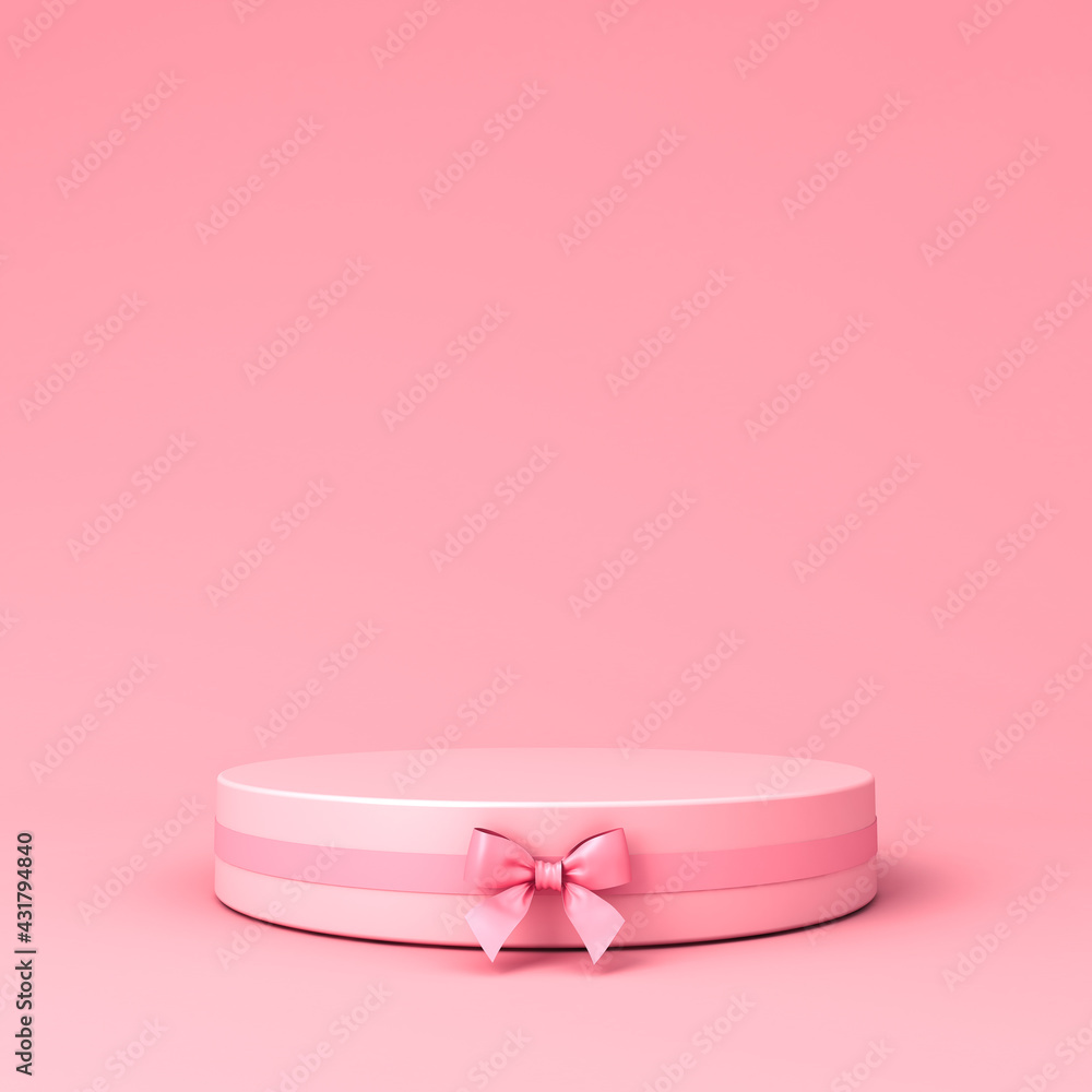 Aufkleber pink blank round podium pedestal with pink pastel color ribbon bow isolated on light pink background