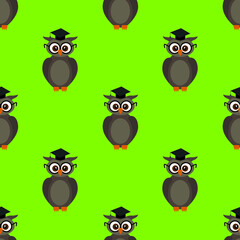 Seamless pattern of student, professor and scientists owls on green background. Education, literacy day, back to school. Vector illustration.