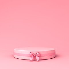 Pink blank round podium pedestal with pink pastel color ribbon bow isolated on light pink background minimal conceptual 3D rendering