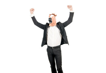 Hard work spells success. Businessman wear horse head mask with raised arms. Enjoying success