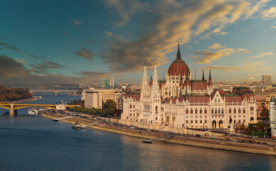 Budapest parliament building in sunset view with river Danube an capital of Hungary