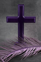 Catholic Cross with palm leaf. Ash Wednesday, Lent season, Holy Week, Good Friday and Palm Sunday...