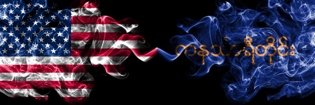 United States of America, America, US, USA, American vs Myanmar, Tanintharyi Division smoky mystic flags placed side by side. Thick colored silky abstract smoke flags.