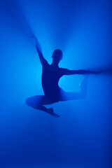 Professional ballerina dancing ballet in smoke. Female in black bodysuit on floodlights background.