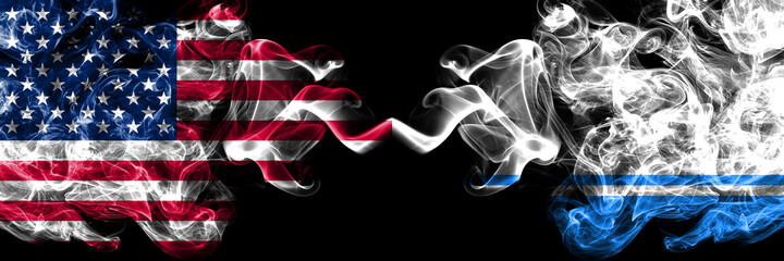 United States of America, America, US, USA, American vs Russia, Altai Republic smoky mystic flags placed side by side. Thick colored silky abstract smoke flags.