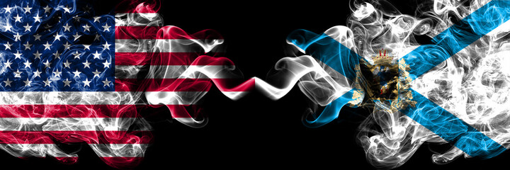 United States of America, America, US, USA, American vs Russia, Arkhangelsk Oblast smoky mystic flags placed side by side. Thick colored silky abstract smoke flags.