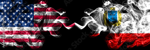United States of America, America, US, USA, American vs Russia, Russian Saratov Oblast smoky mystic flags placed side by side. Thick colored silky abstract smoke flags.