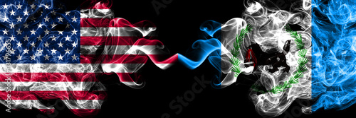 United States of America, America, US, USA, American vs Russia, Russian, Irkutsk Oblast smoky mystic flags placed side by side. Thick colored silky abstract smoke flags.