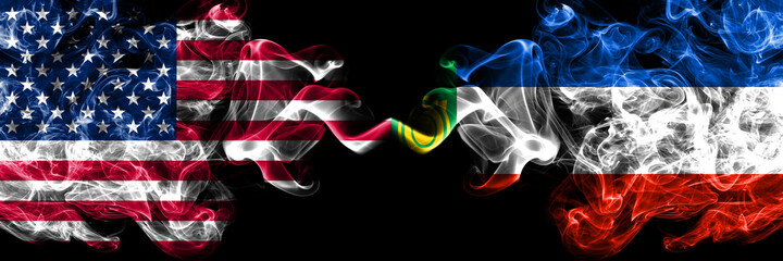 United States of America, America, US, USA, American vs Russia, Russian, Khakassia smoky mystic flags placed side by side. Thick colored silky abstract smoke flags.