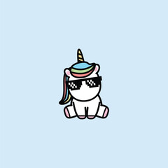 Cute unicorn with pixel glasses sitting cartoon icon, vector illustration © Totostarkk9456