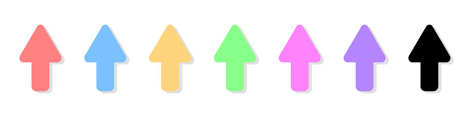 Upward pointing arrows set. Vector set of simple icons of colored arrows pointing up. Set of cursors in a flat style. Vector illustration.
