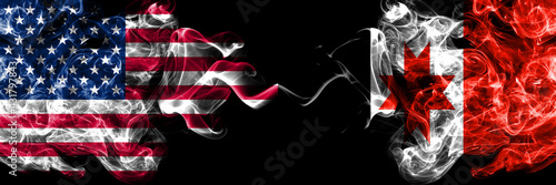 United States of America, America, US, USA, American vs Russia, Russian, Udmurtia smoky mystic flags placed side by side. Thick colored silky abstract smoke flags.