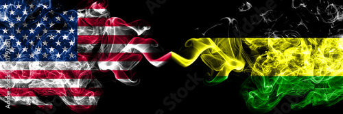 United States of America, America, US, USA, American vs Russia, Russian, Ural Republic smoky mystic flags placed side by side. Thick colored silky abstract smoke flags.