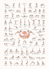 Hand drawn poster of hatha yoga poses and their names, Iyengar yoga asanas difficulty levels 6-15 - 431798063