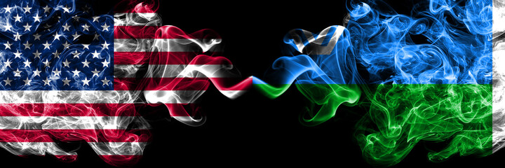 United States of America, America, US, USA, American vs Russia, Russian, Yugra smoky mystic flags placed side by side. Thick colored silky abstract smoke flags.