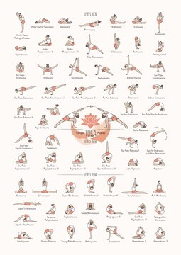 Hand drawn poster of hatha yoga poses and their names, Iyengar yoga asanas difficulty levels 16-60