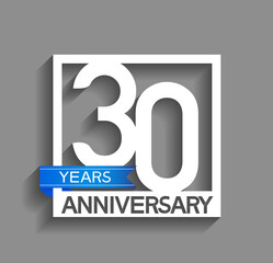 30 years anniversary logotype with white color in square and blue ribbon isolated on grey background. vector can be use for company celebration purpose