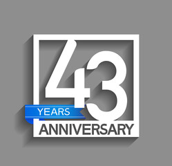 43 years anniversary logotype with white color in square and blue ribbon isolated on grey background. vector can be use for company celebration purpose