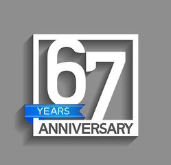 67 years anniversary logotype with white color in square and blue ribbon isolated on grey background. vector can be use for company celebration purpose