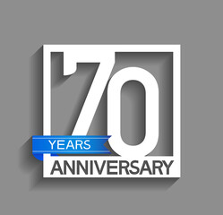 70 years anniversary logotype with white color in square and blue ribbon isolated on grey background. vector can be use for company celebration purpose - obrazy, fototapety, plakaty