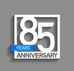 85 years anniversary logotype with white color in square and blue ribbon isolated on grey background. vector can be use for company celebration purpose