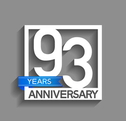 93 years anniversary logotype with white color in square and blue ribbon isolated on grey background. vector can be use for company celebration purpose