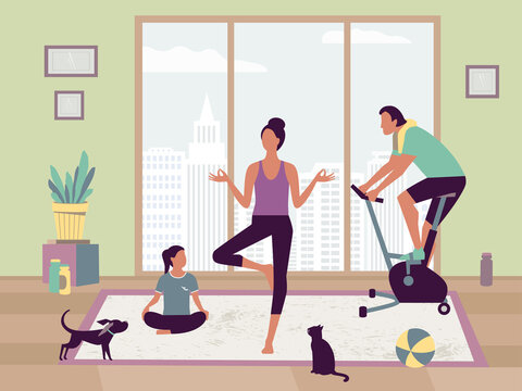 Happy Family Sport Activity. Mother, Father, Kid Doing Morning Exercising at Home. Dad, Mom, Little Daughter Fitness Workout Exercise, Healthy Lifestyle Indoor Sports Cartoon Flat Vector Illustration