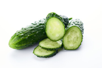 Set of fresh whole and sliced cucumbers on white background. Garden cucumber green wallpaper backdrop design