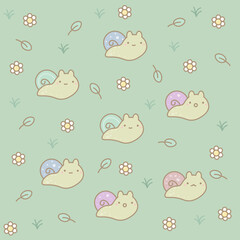 Cute pattern with snails and flowers on a green background
