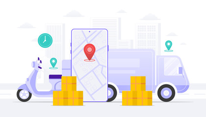 Shipping concept illustration. Mobile app, car, scouter. Suitable for user interface, ui, ux, web, mobile, banner and infographic.