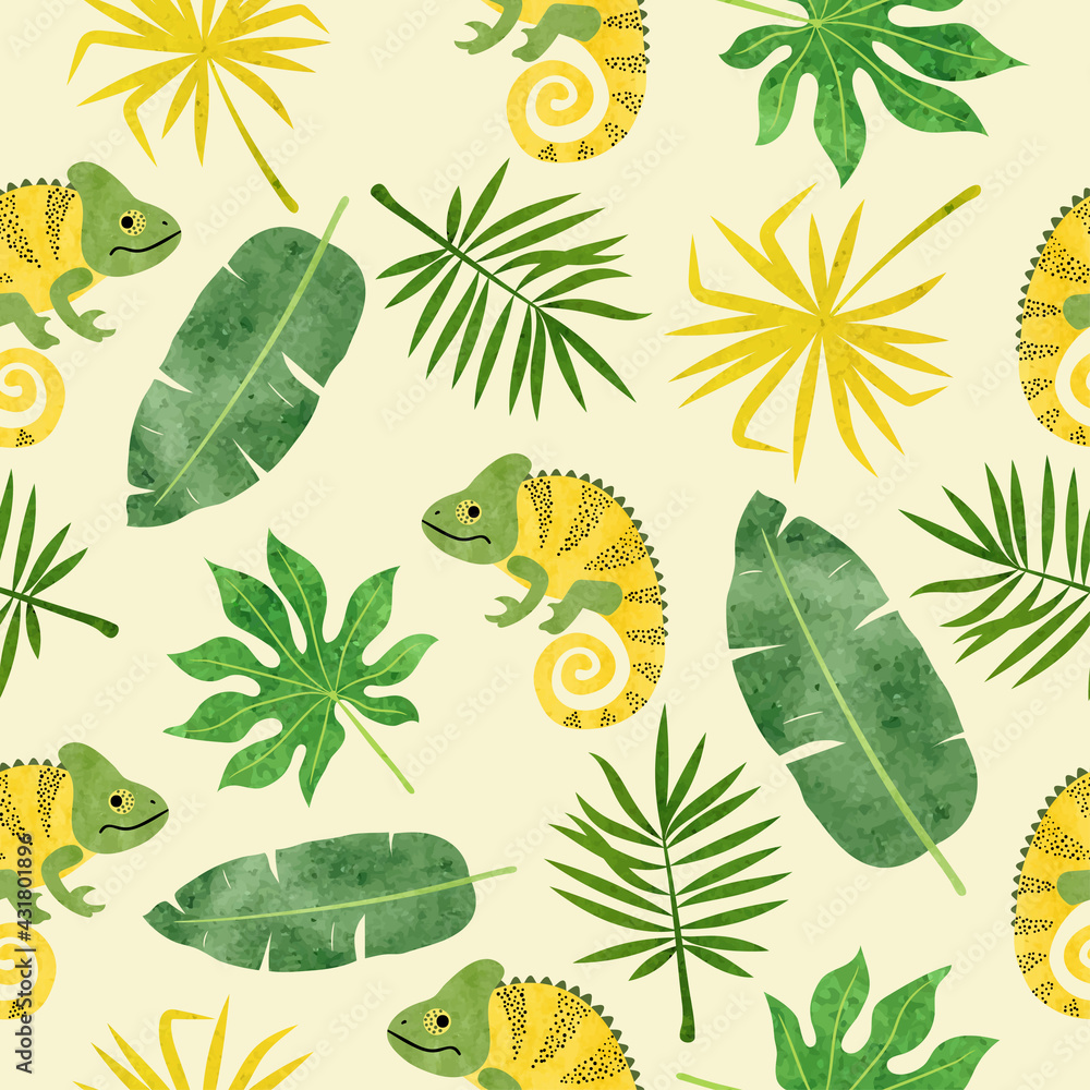 Wall mural Seamless watercolor pattern with chameleons and tropical leaves.