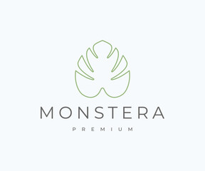 Simple Line Art of Monstera Leaf Tropical Nature logo design vector illustration
