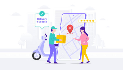 Delivery success illustration. Woman cash on delivery with courier man. Suitable for user interface, ui, ux, web, mobile, banner and infographic.