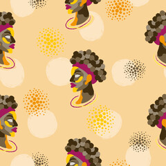Fototapeta premium Afro woman abstract portrait seamless pattern. Vector African girl background